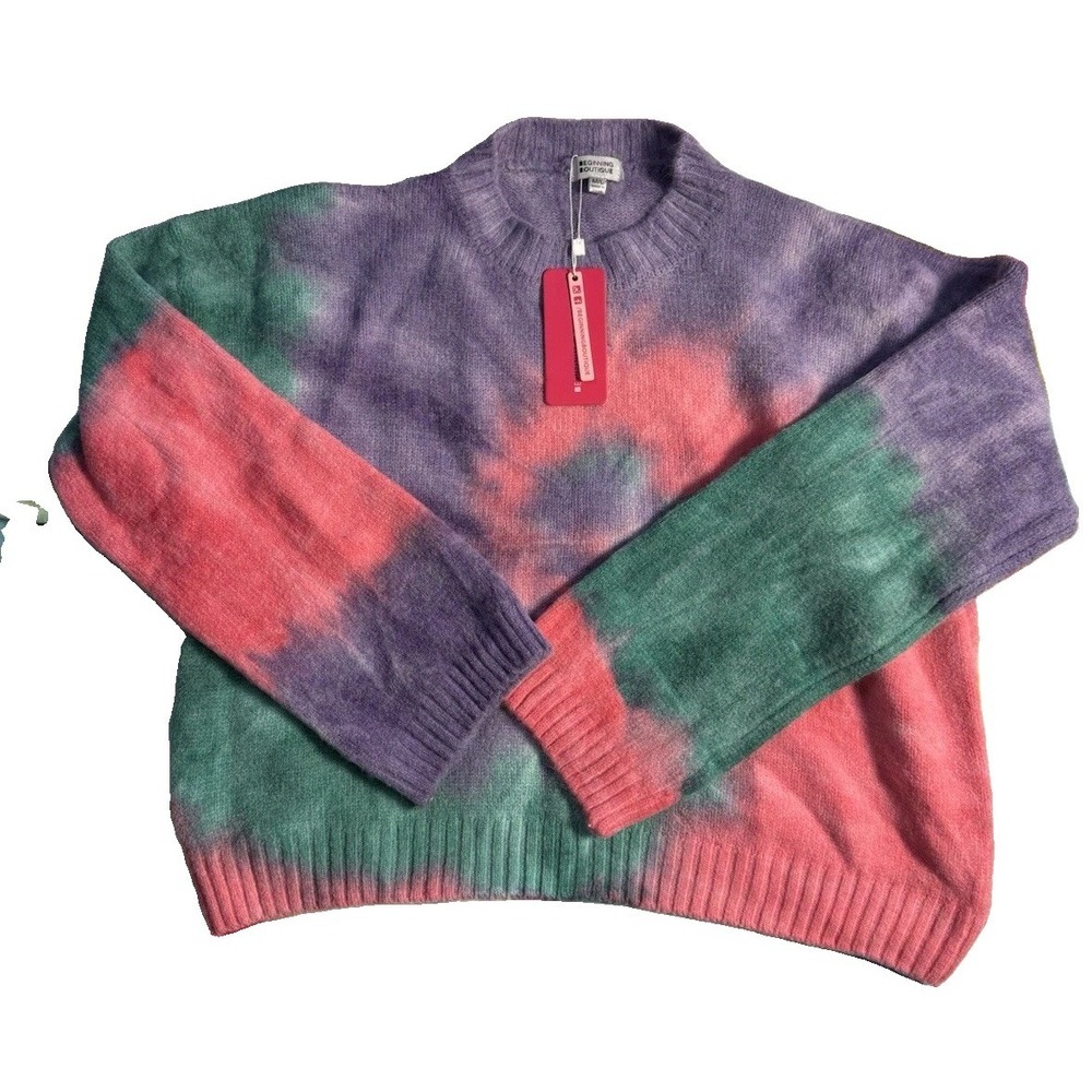 Beginning Boutique Tie Dye Chunky-Knit Pullover Sweater M/L NWT Boho